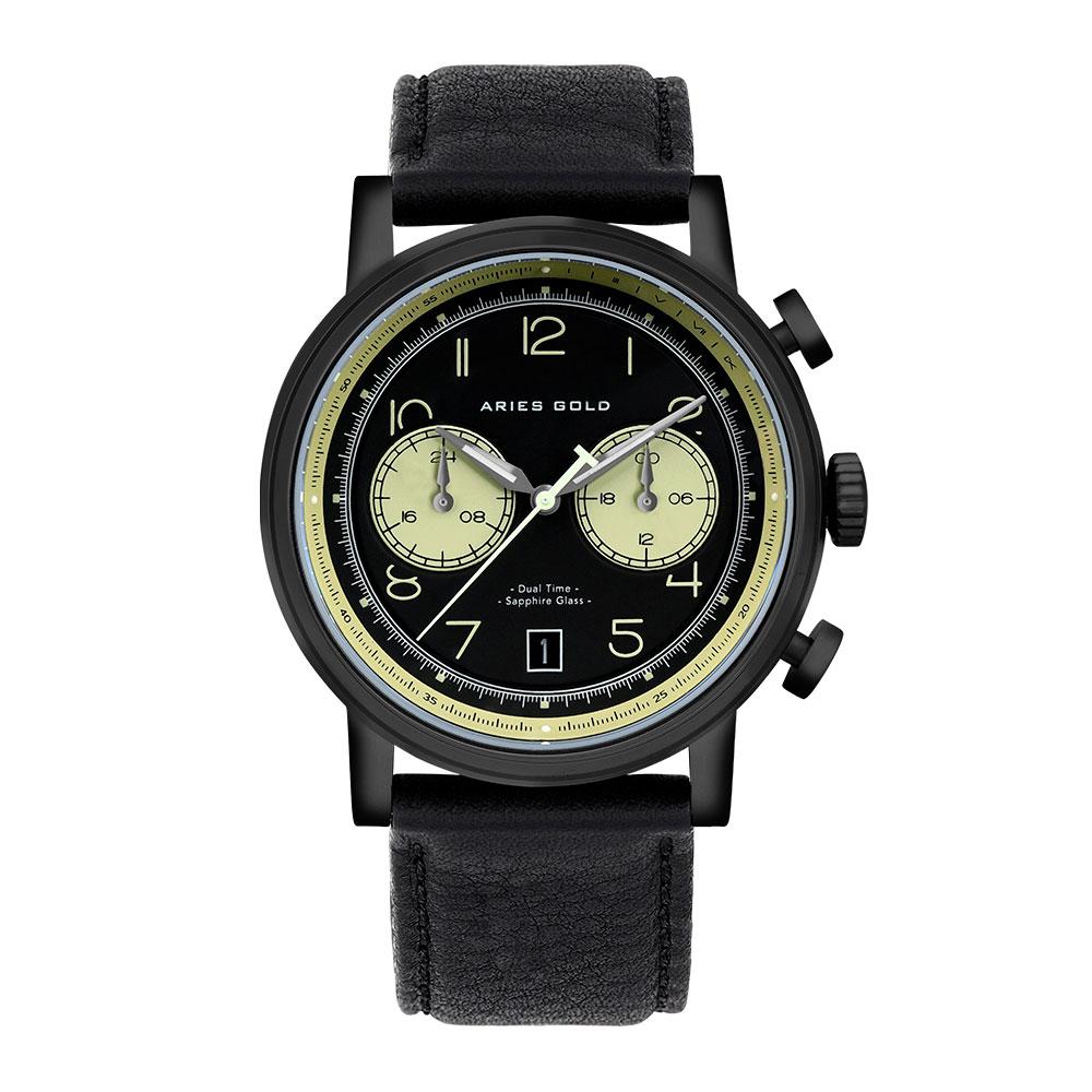 ARIES GOLD URBAN JOURNEY BLACK STAINLESS STEEL G 1025 BK-BKBEI BLACK LEATHER STRAP MEN'S WATCH